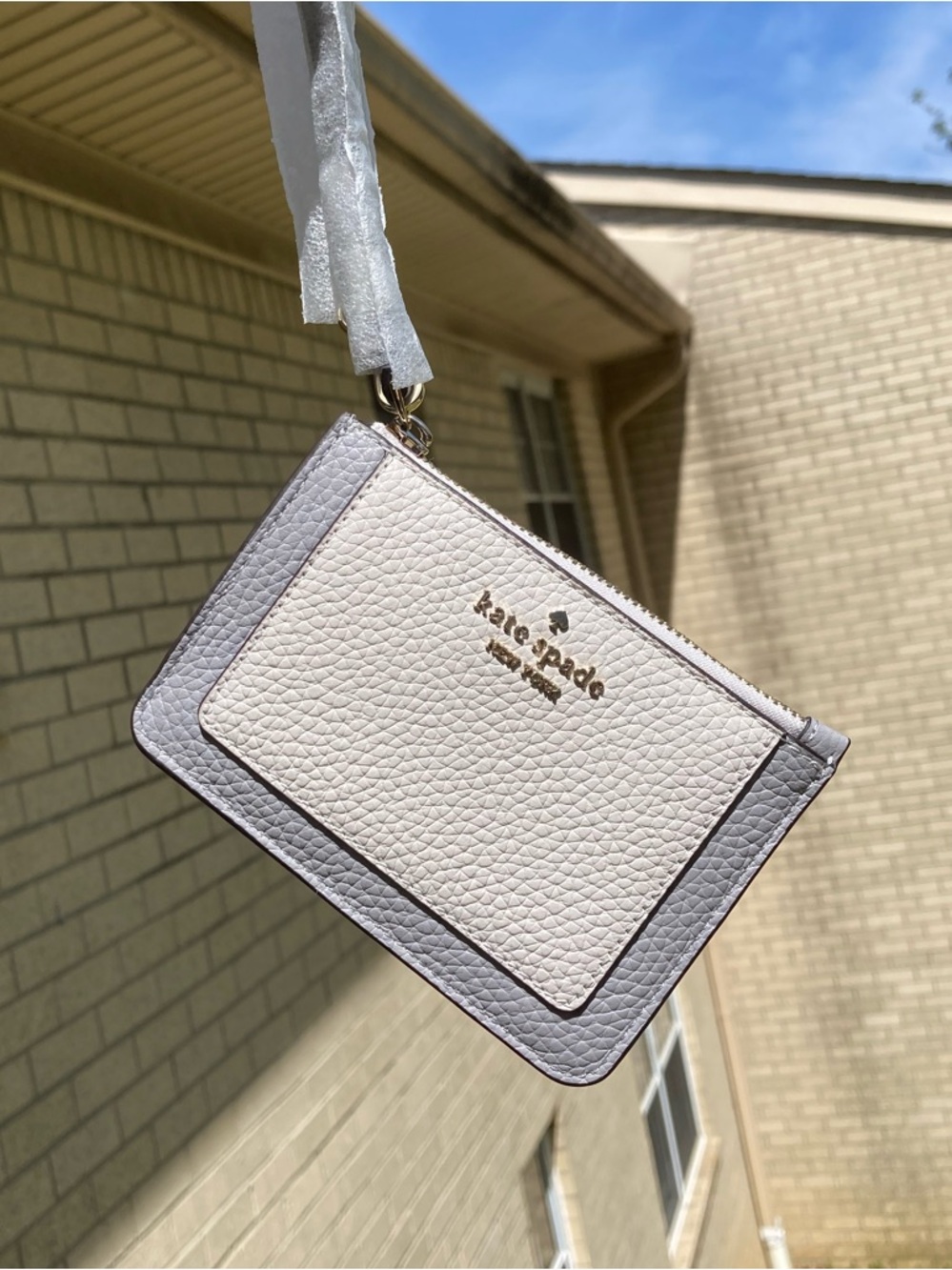 Kate Spade Pebbled Leather Lena Colorblock Small Card Holder Wristlet Grey White - Picture 16 of 16